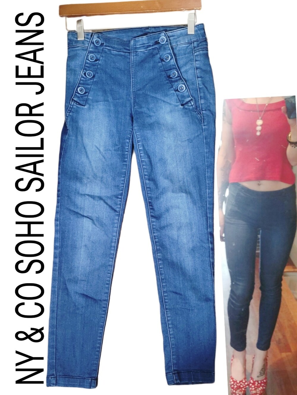 NY & Co Soho Sailor Nautical Button High-Rise Cropped Skinny Jeans - Blue